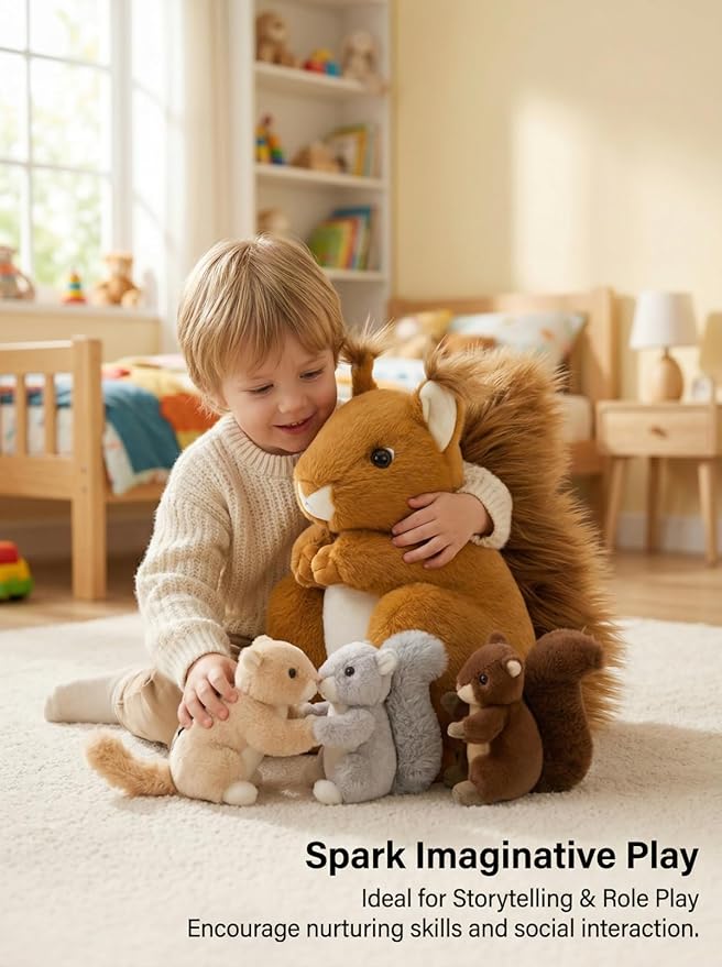 MaoGoLan 4Pcs Squirrels Plush Toys with 3 Baby Squirrels, Realistic Stuffed Animals for Small Hand, Adorable Squirrel Plushie Gift for Forest Animal Lover,Girls,Boys,Kids,Baby Shower,Brown
