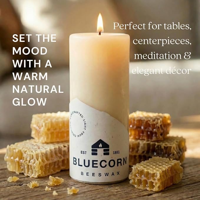 Bluecorn Beeswax 100% Pure Beeswax Pillar Candles | Ivory White 3x6 Pillar Candle Set | Non Toxic, Unscented, Clean Burning | Cotton Wick, Dripless, 90 Hr Long Burning | Handmade in USA | 6 Pack
