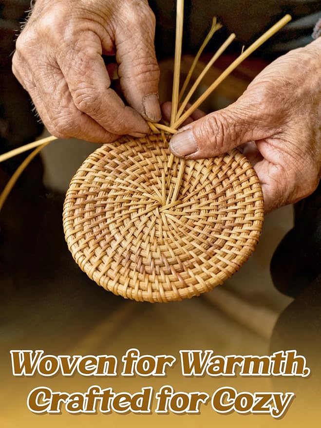 4pcs Natural Handmade Rattan Coasters with Holder - Wicker Drink Coasters Set for Protecting Table, Housewarming Gifts Boho Fall Home Coastal Decor