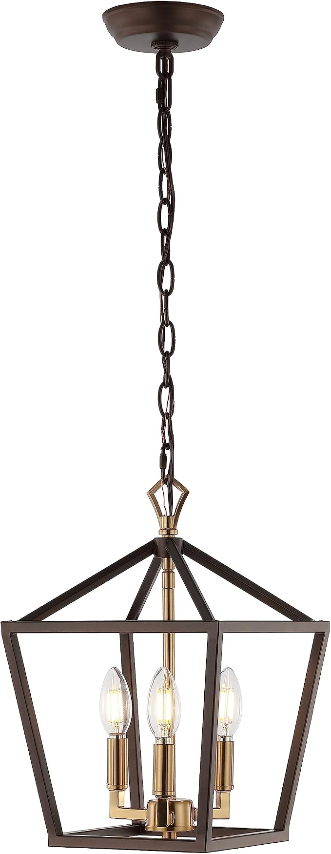 JONATHAN Y 10" Oil Rubbed Bronze/Brass Gold 3-Light Pagoda LED Pendant Lantern, Classic Modern Farmhouse Chandelier for Kitchen Island, Dining Room, Entry, Foyer, Rustic Iron Frame (JYL7601D)