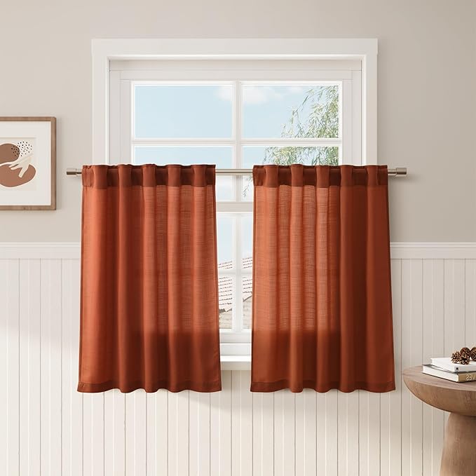 Terracotta Kitchen Short Linen Curtains 36 Inch Length 2 Panels Semi Sheer Linen Light Filtering Valances Back Tab Rod Pocket Design for Small Windows Drape Cafe Bathroom Laundry Room RV 30Wx36L