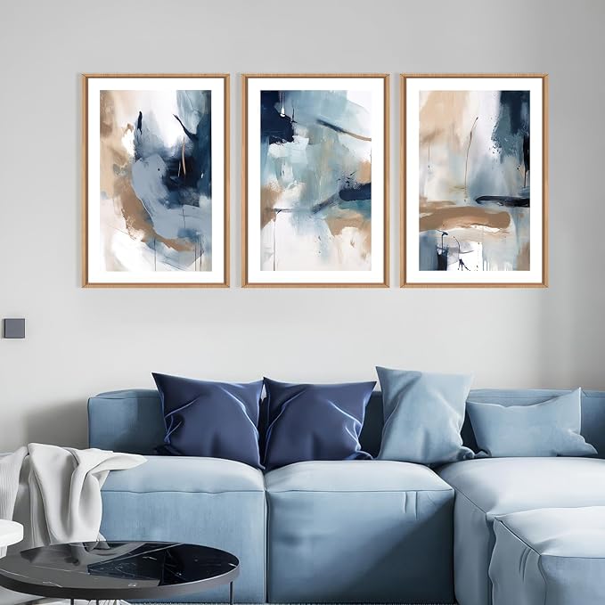 LHIUEM Large Abstract Navy Blue Framed Canvas Wall Art,Neutral Brush Stroke Wall Decor,Modern Pastel Brown Wall Painting,Minimalist Shapes Artwork for Living Room,Bedroom,Office- 16"x24"x3