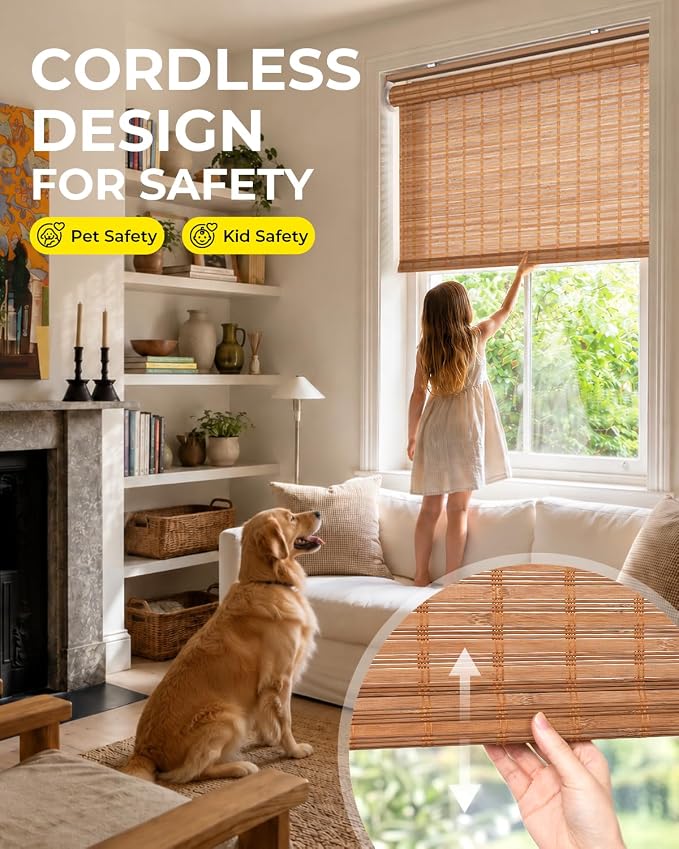 UNISHADES Cordless Bamboo Roller Shades, 40×70 in, Squirrel | Woven from Wide Bamboo Strips Roll Up Blinds, Protecting Privacy, Light Filtering