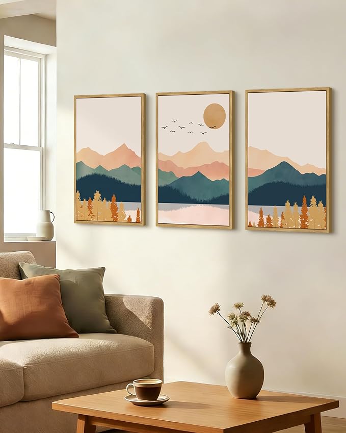 PHOPAGO Mountain Range Landscape Large 16x24in Framed Wall Art Watercolor Nature Laker Paints Boho Sun Rises Rustic Room Decor for Living Room Farmhouse - Natural Framed