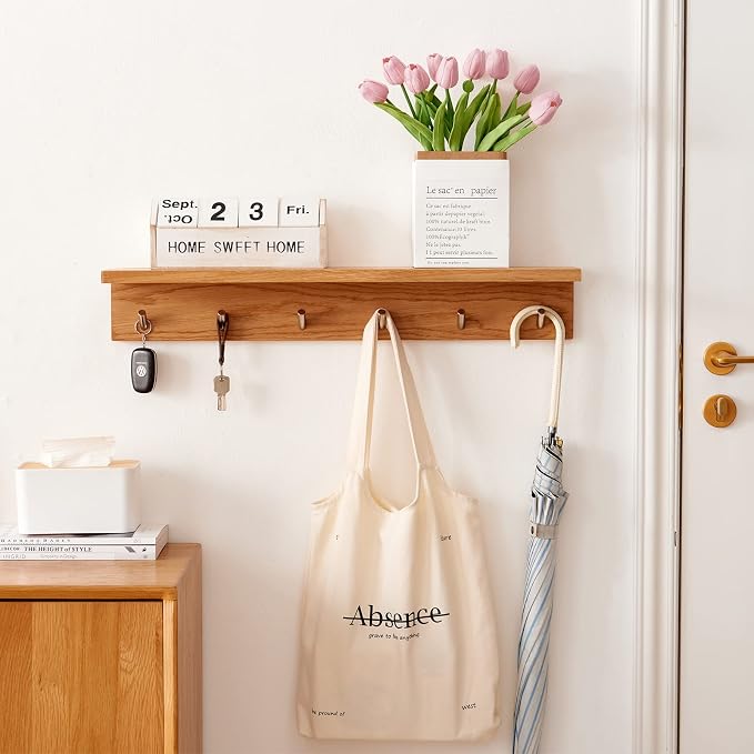 Coat Rack Shelf Wall Mounted Oak Wood Entryway Shelf with 6 Hooks Wall Coat Hook Rack with Floating Shelf for Bedroom, Living Room, Kitchen (Natural, 27.5 inch)