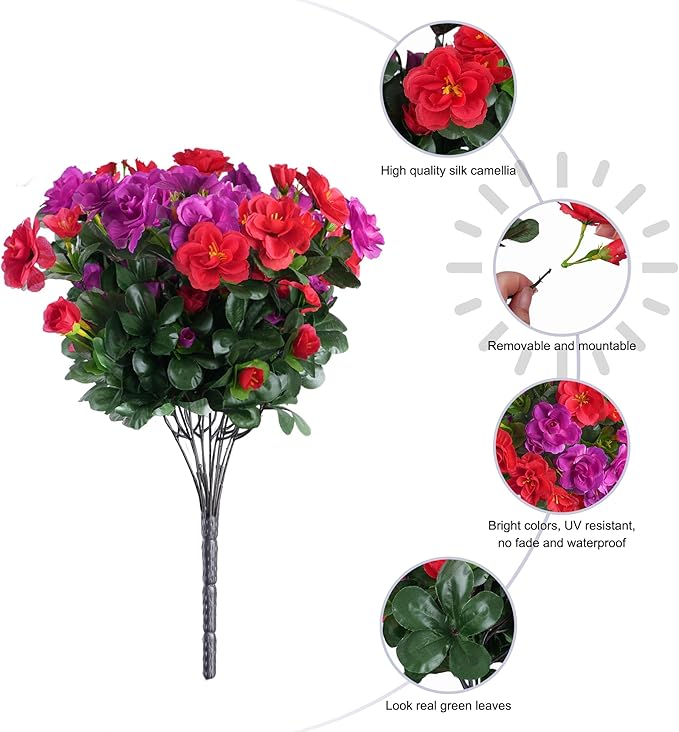 Artificial Faux Outdoor Flowers Plants for Spring Summer Decoration, Fake Silk Camellia UV Resistant Look Real for Planter Outside Front Door Porch Patio Balcony, 3 Large Bundles (Red+Fuchsia)