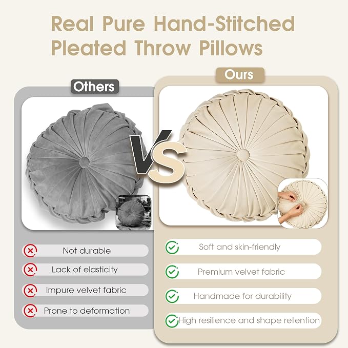 ROSE&RISY Round Pleated Velvet Throw Pillows, 2 Pack Decorative Accent Pumpkin Pillow Cushion for Couch Sofa Bed, Soft Plush Retro Vanity Throw Pillows for Home Decor, 14.5 Inch, Cream