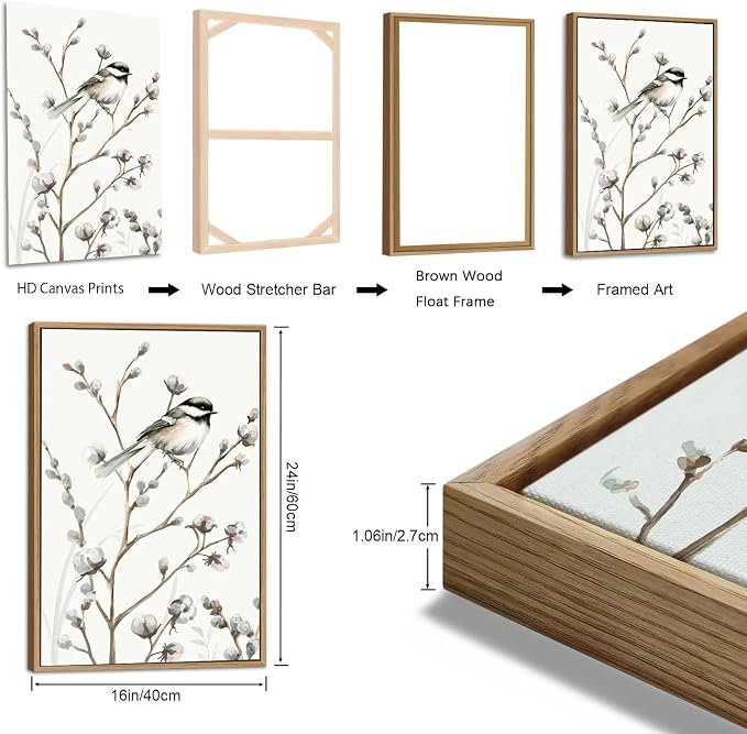 Large Bird Wall Art for Living Room Natural Wood Float Framed Art Set of 3 Tropical Plant Pictures Boho Artwork Creame White Flower Canvas Prints for Bedroom Kitchen Home Office Wall Decor 16"X24"X3