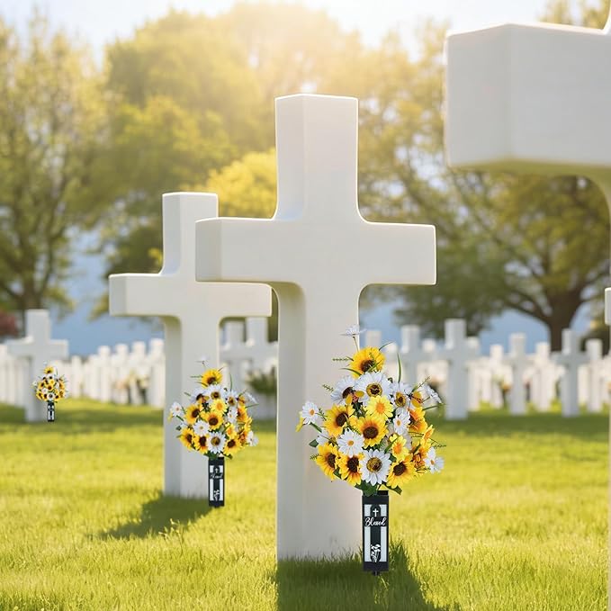 Artificial Cemetery Flowers for Grave: 2 Pcs Yellow White Sunflower Grave Flower Bouquets for Cemetery Decorations - Spring Outdoor Gravesite Flowers with Vase