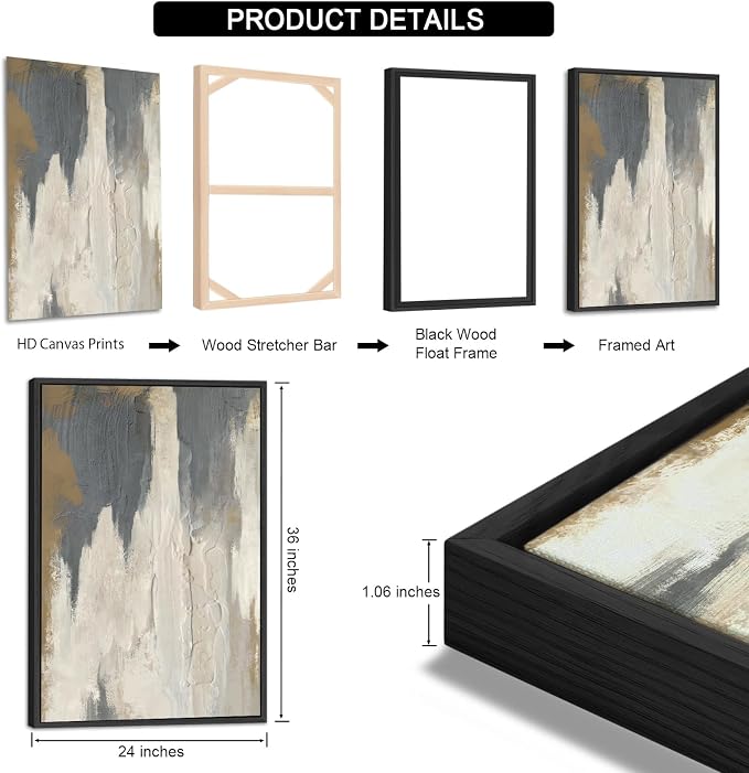 ASDCEUTICALS Large Canvas Wall Art - Gray Brown and Beige Abstract Pictures for Living Room Vintage Wall Decor Retro Artwork Black Float Framed Paintings for Bedroom Dinning Room 24" X 36" X 3 pcs