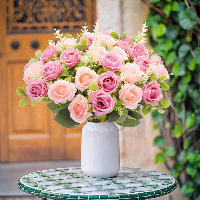 TURNMEON 40 Heads Fake Roses Artificial Flowers for Outdoors Summer Decor, 4 Bouquets UV Resistant Fake Flower Bouquet Faux Silk Roses for Wedding Birthday Party Home Mother's Day Cemetery Decor(Pink)