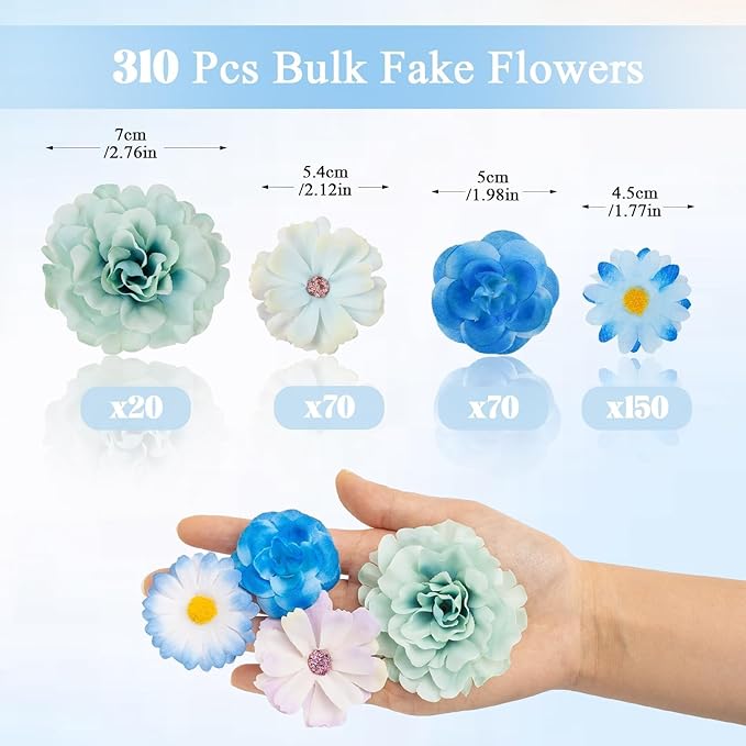 ATTGREAT 310 Pcs Fake Flower Heads Mini Artificial Flower Bulk Silk Flowers for Decoration Small Faux Flower Heads Fabric Daisy Buds Floral for Crafts DIY Wedding Party Baby Shower Home Decor, Blue