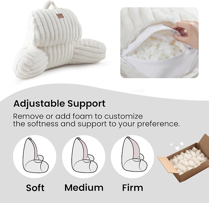 Amélie Home Faux Fur Reading Pillow with Pocket for Sitting in Bed, Kids Backrest Bed Pillow with Washable Cover for Lounging, Watching TV/Reading/Gaming/Resting/Post/Surgery/Nursing, Ivory 17 inches