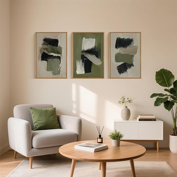 Green Abstract Framed Canvas Wall Art Set, Modern Brush Strokes Wall Decor,Neutral Tone Minimalist Green and Black Color Block Art Print for Living Room,Bedroom,Dining Room, Office-24 x36 x3