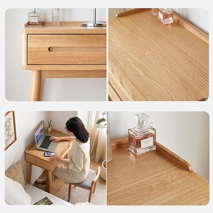 Solid Wood Desk with Drawer, Vanity Table, Modern Nightstand with Wooden Legs, Oak Side Table for Small Space for Bedroom, Dorm, 30.7" H, Natural, Desk