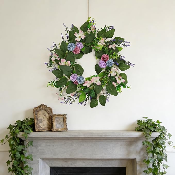 20 Inch Wreaths for Front Door, Spring Summer Flower Wreath - Purple Hydrangea Artificial Flowers for Easter, Home Decor, Farmhouse Wall, Porch, Front Door Decorations