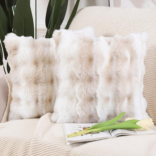 MADIZZ Pack of 2 Thick Plush Faux Wool Throw Pillow Covers Soft Boho Throw Pillows Luxurious Cushion Covers for Couch Sofa Bedroom Living Room Home Decor 22x22 Inch White Beige