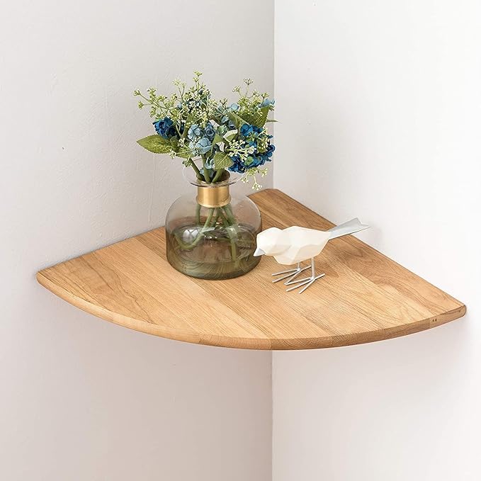 Corner Shelf, Solid Oak Wood Floating Corner Shelf Wall Mount Round End Floating Speaker Shelves with Wire Hole for Small Plant Photo for Bedroom Kitchen, Living Room