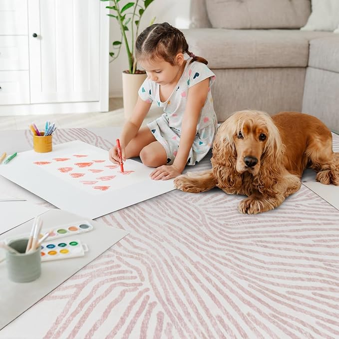 YIHOUSE Pink Rug for Living Room, 6×9 Modern Abstract Area Rug, Geometric Contemporary Wave Striped Rugs for Playroom Nursery, Washable Nonslip Large Ultra-Thin Rug for Bedroom Dining Room