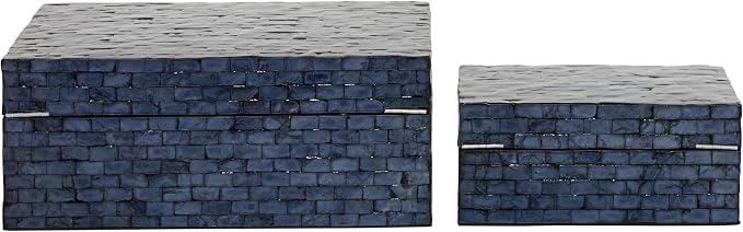 Deco 79 Mother of Pearl Shell Handmade Decorative Box Mosaic Storage Decorative Keepsake Boxes, Set of 2 Storage Boxes 5", 4"H, Dark Blue
