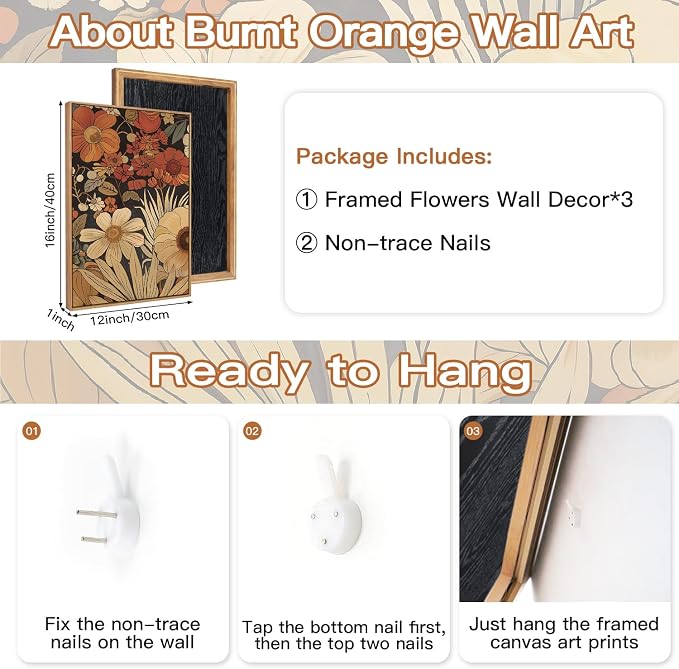 CHDITB Boho Burnt Orange Terracotta Wildflowers Framed Wall Art(12"x16"), 3 PCS Abstract Floral Canvas Artwork, Large Modern Vintage Botanical Nature Art Wall Decor for Home Office Living Room Bedroom