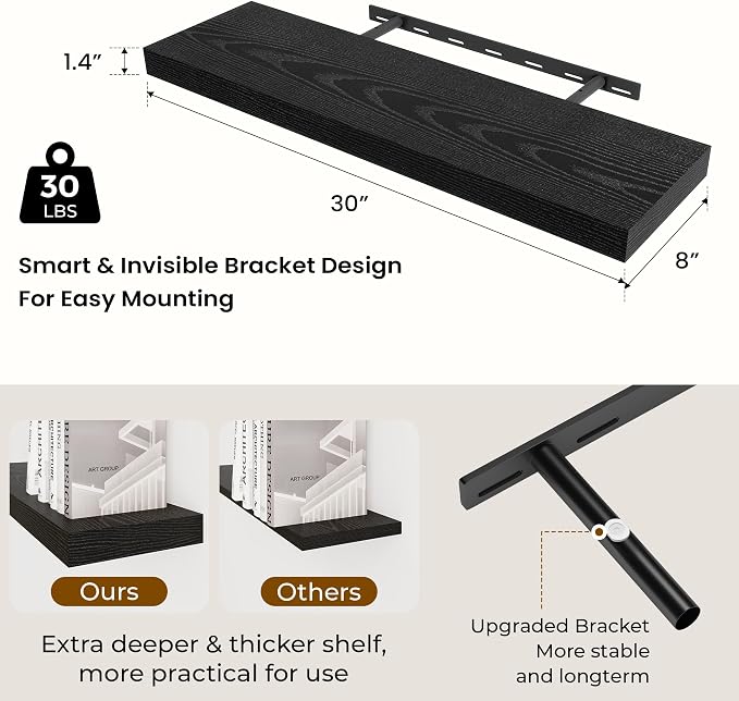 Dreamland 30Inch Black Floating Shelves 8" Deep Wall Mounted Set of 2 | Wall shelves for bathroom, bedroom, Living Room, kitchen, deep wall mount wood storage display for home decor 30" x 8"