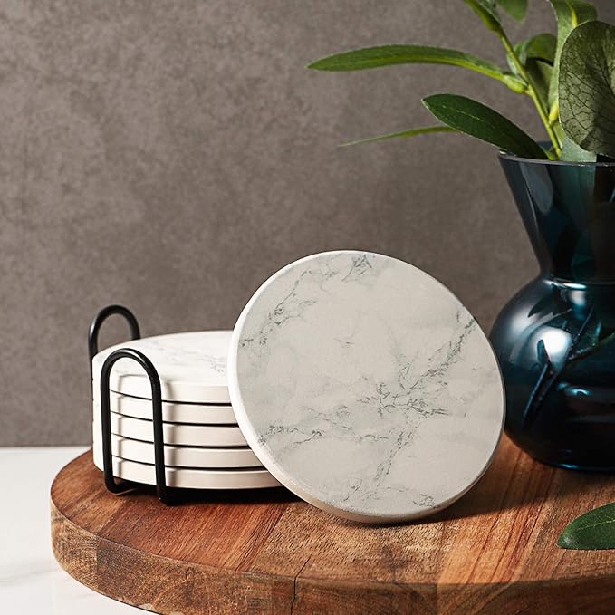 LIFVER 6 Piece Absorbent Coaster Set with Holder + LIFVER Coasters for Drinks, White Marble-Style Absorbent Coasters with Holder