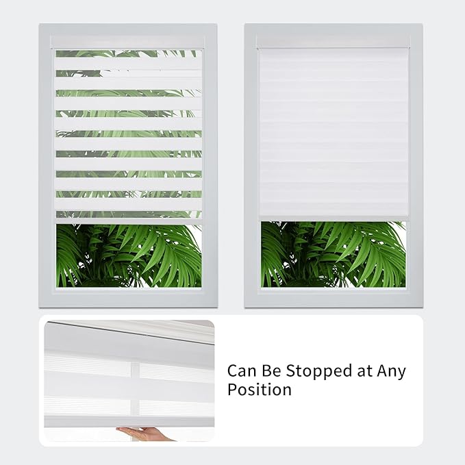 Joydeco Cordless Zebra Blinds (Pro), Dual Layer Light Control Zebra Blinds for Windows, Light-Proof Aluminum Cover, Free-Stop Roller Shades for Home & Office (White,34" W x 75" H)
