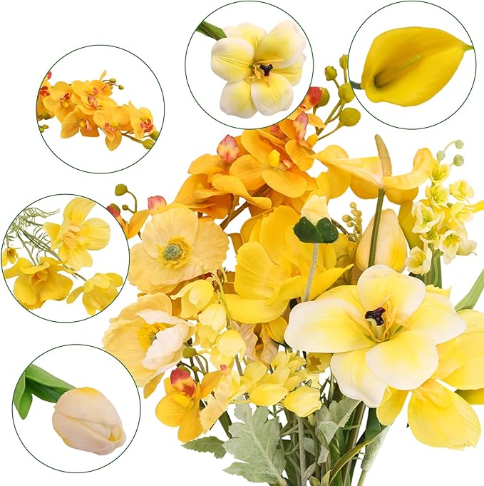 CEWOR Artificial Flowers Fake Flowers for Vase Silk Faux Flowers for Wedding Bouquets Flower Arrangements Floral Table Centerpieces Home Kitchen Garden Party Décor (Yellow)