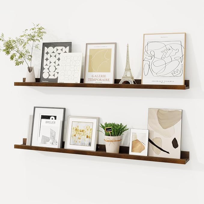 Picture Ledge Shelf, Floating Shelves Set of 2, 36 Inches Solid Wood Nursery Book Shelves for Toys Storage, Kids Bookshelf Wall Mounted for Living Room Bedroom Decor Books Photo Frames, Walnut