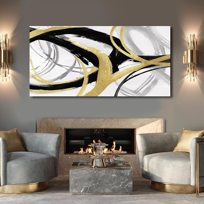 Large Black and Gold Line Wall Decor Modern Abstract Framed Wall Art Neutral Textured Canvas Prints Pictures for Living Room Office Artwork 29"x58"