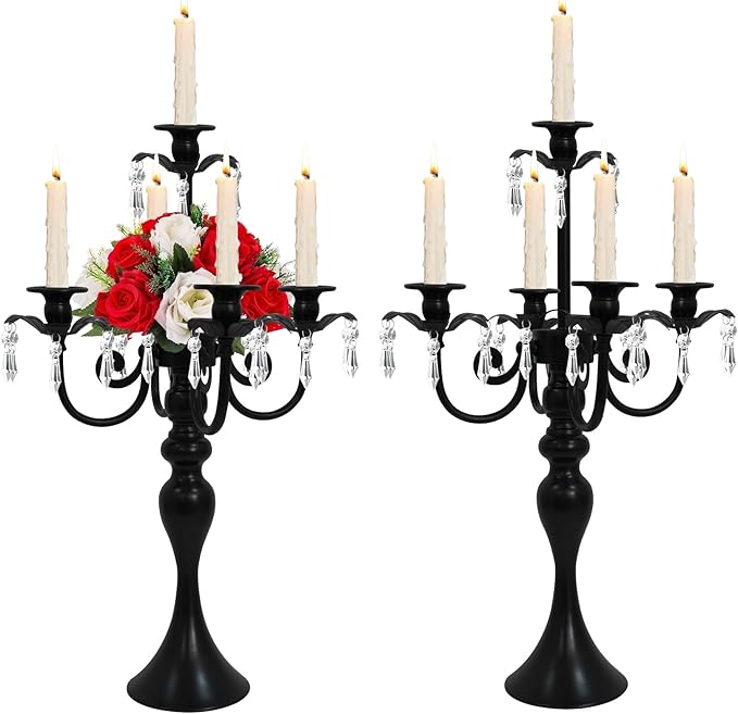 5 Arm Black Candelabra Centerpiece for Table, 20.3” Tall Metal Candlestick Candle Holder for Taper Candles, Gothic centerpieces for Tables, Wedding, Party, Reception (Black, 2pcs)