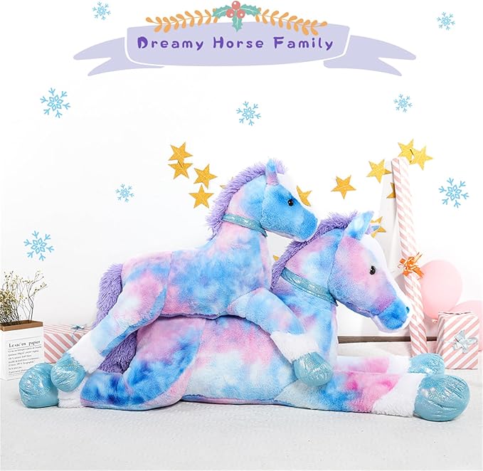 Tezituor 35 Inch Big Horse Stuffed Animals Plush Toy, Large Rainbow Stuffed Horse Toys Gift Soft Blue Pony Plush Body Pillow for Boys Girls