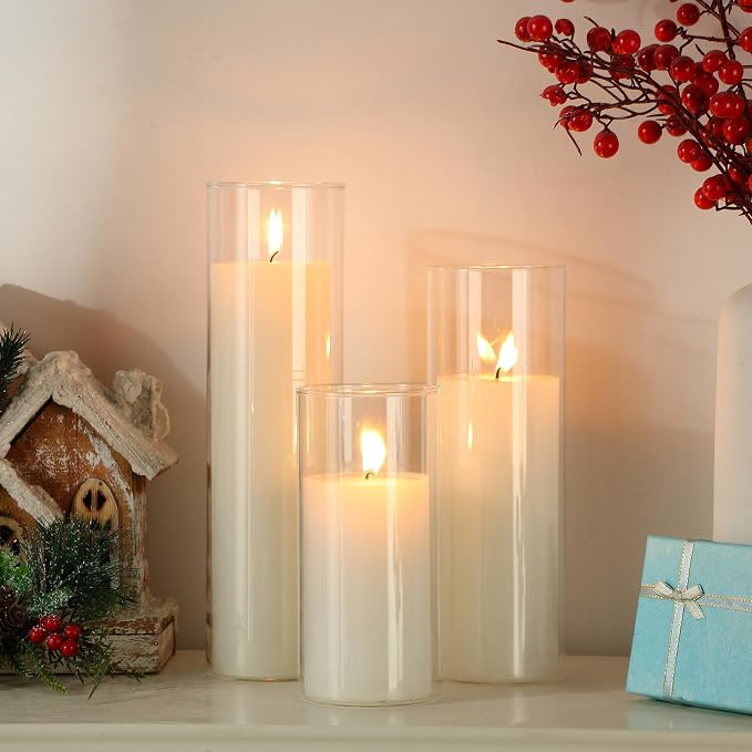 Shihanee Set of 3 Pillar Candles and 3 Glass Cylinder Candle Vases Holders Clear Pillar Jars for Wedding Centerpieces(3.4'' X 7, 9.8, 11.8,White)