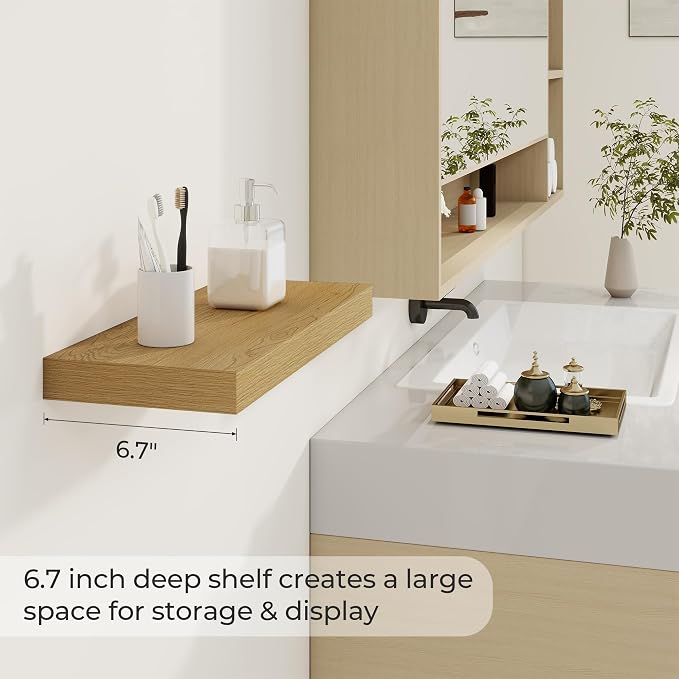 Dreamland 20Inch Floating Shelves 6.7" Deep Wall Mounted Set of 2 Oak | Wall shelves for bathroom, bedroom, Living Room, kitchen, deep wall mount wood storage display for home decor 20" x 6.7"
