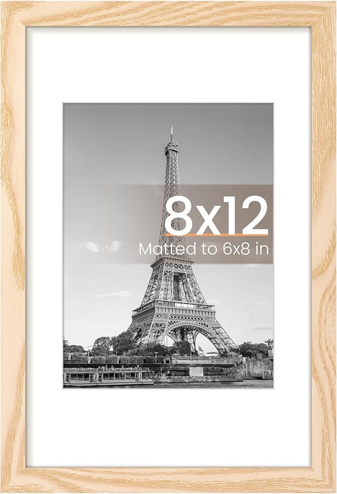 upsimples 8x12 Picture Frame, Display Pictures 6x8 with Mat or 8 x 12 Without, Wall Hanging Photo Frames, Natural, 1 Pack