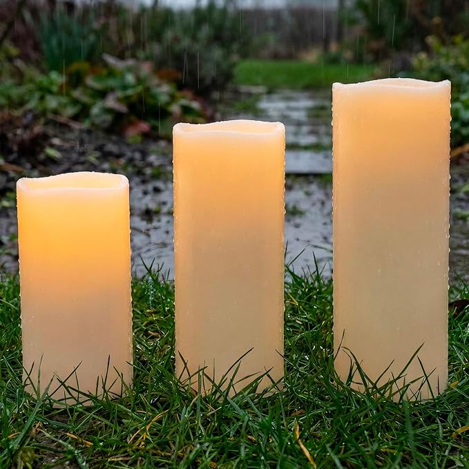 10" 12" 14" x 5" Extra Large Waterproof Outdoor Flameless Candles Battery Operated LED Pillar Candles for Indoor Outdoor Lanterns, Off White, Long Lasting, Set of 3