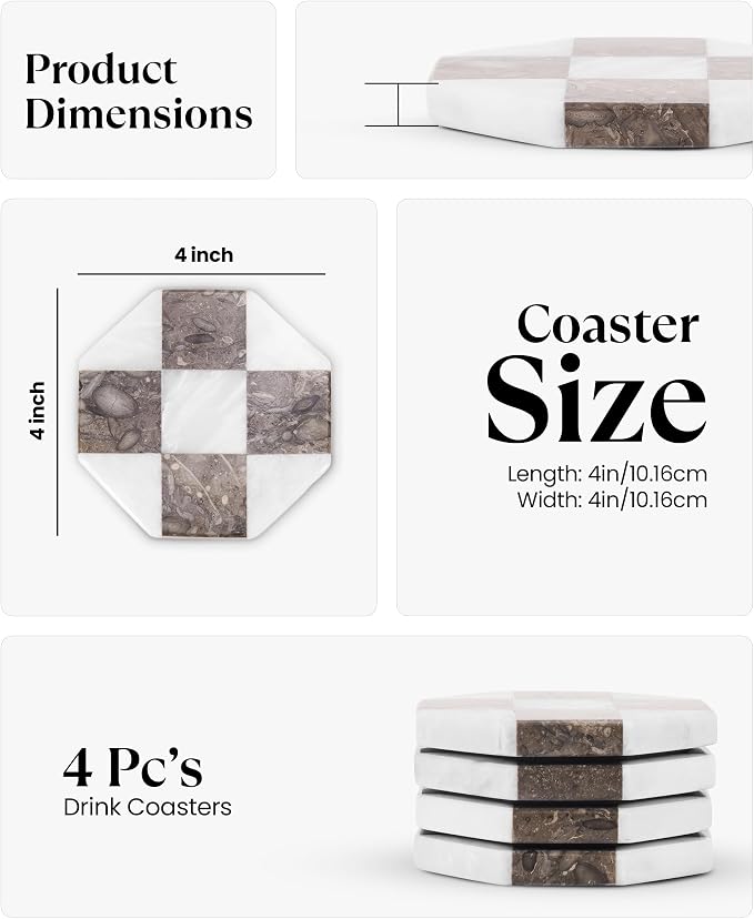 Marble Coasters Set of 4, White & Oceanic Handmade 4 inch Star Stone Coaster, Drink Checkered Coasters for Coffee Table, Stylish Bar Accessories & Modern Home Décor