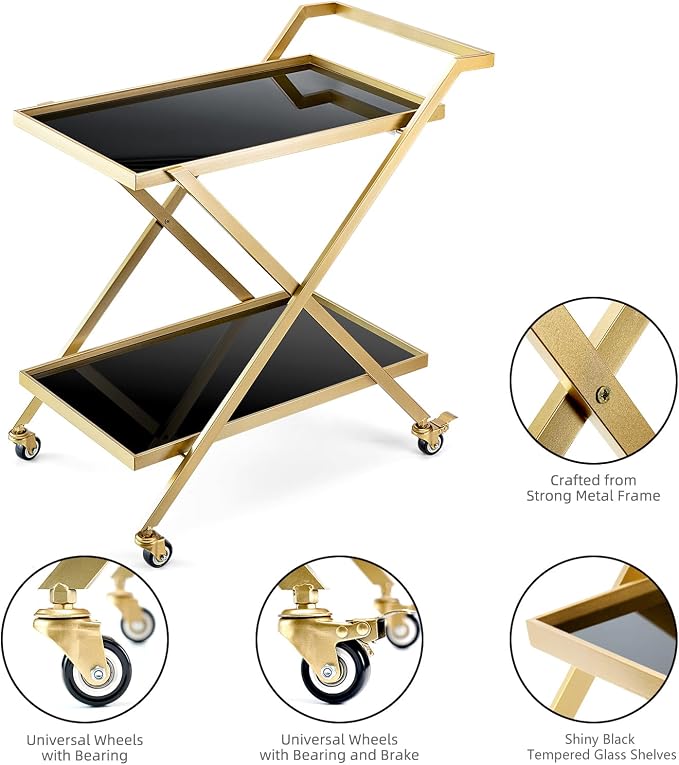 Crofy Gold Finish Bar Cart on Wheels, No-Tool Assembly 2-Tier Serving Cart with Black Tempered Glass Shelves & Locking Casters - Mobile Snack/Drink Cart for Home Bar, Kitchen, Parties