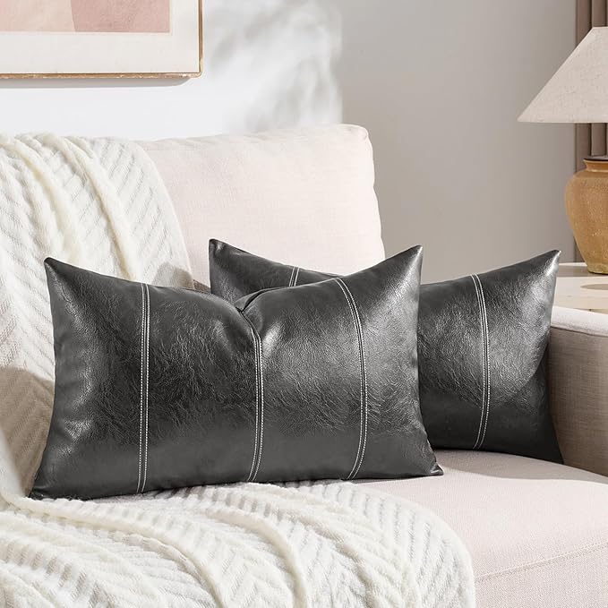 Fancy Homi Dark Gray Long Lumbar Faux Leather Decorative Throw Pillow Covers 14x24 Inch for Outdoor Couch Bed, Modern Farmhouse Boho Home Decor, Charcoal Gray Hand Stitched Cushion Case 35x60 cm