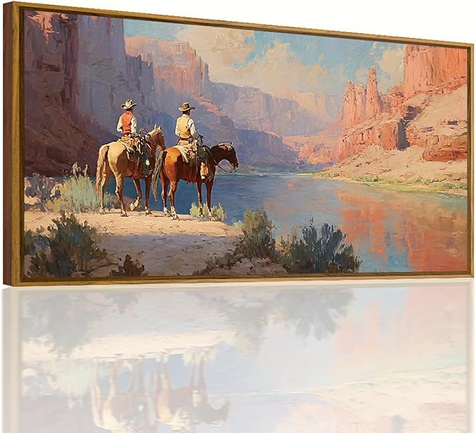 QTUSYUR Western Cowboy Wall Art - Large Farmed Desert Landscape Art Print -Rodeo Horseback Riding Canvas Artwork for Farmhouse Boys Bedroom Living Room- Mid-Century Modern Wall Picture for Home Decor 20×40 IN
