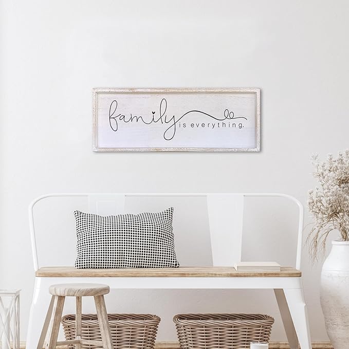 Family is Everything Wall Decor 40"x15" Living Room Large Warm Wood Framed Farmhouse Vintage Sign Home Beautiful And Simple Ready To Hang Hallway Entryway Wall Art Decoration (White)