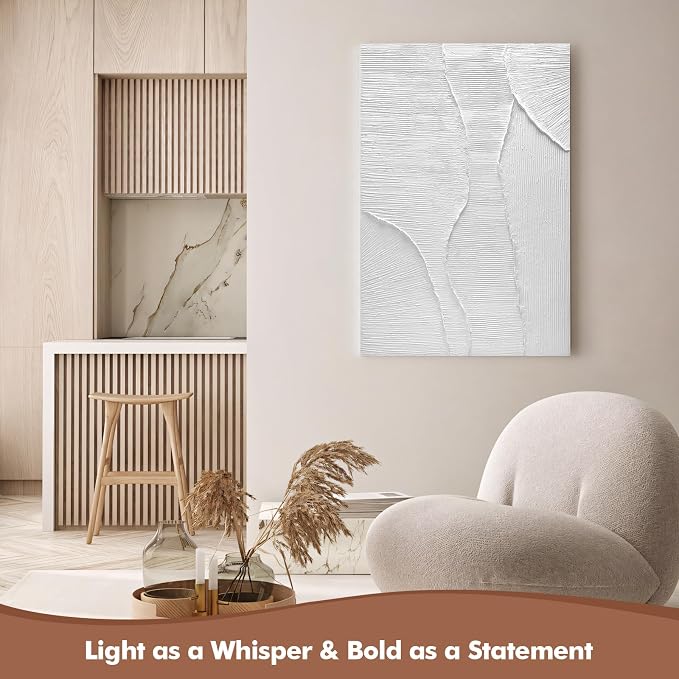 Hand-Painted Oil Painting Canvas White Wall Art, 3D Textured Wall Decor | Modern Vertical Canvas Wall Art, 24x36 in Contemporary Minimalist Handmade Artwork for Home Office Corridor Decoration, Gifts