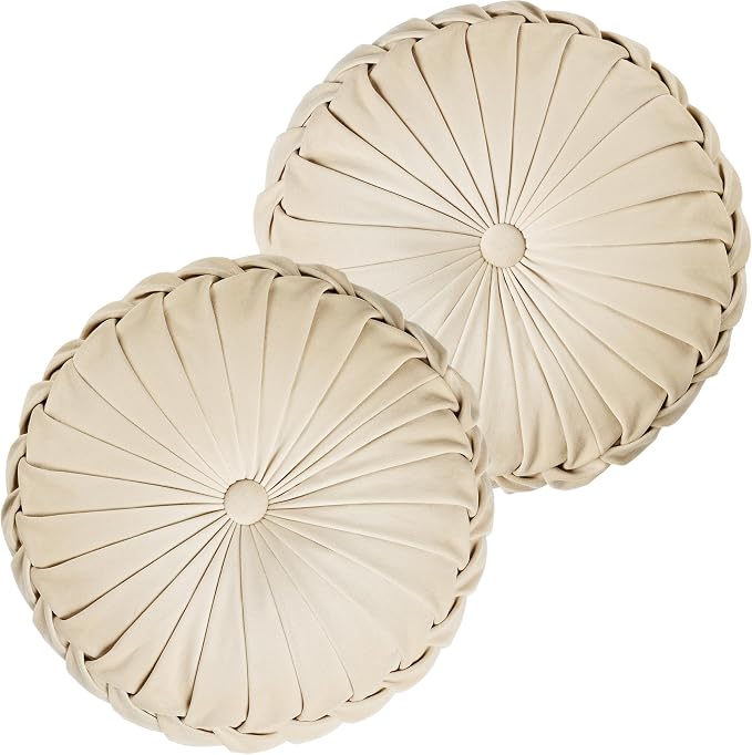 ROSE&RISY Round Pleated Velvet Throw Pillows, 2 Pack Decorative Accent Pumpkin Pillow Cushion for Couch Sofa Bed, Soft Plush Retro Vanity Throw Pillows for Home Decor, 14.5 Inch, Cream