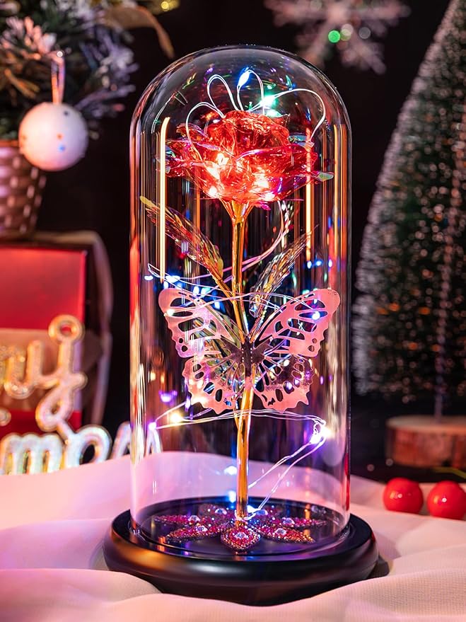 Mothers Day Flowers Gifts for Mom Women Birthday Gift, Galaxy Glass Rose Forever Eternal Crystal Flowers Rose in Glass Dome with Butterfly Mother's Day Roses Gifts for Mom Daughter Wife Grandma Red
