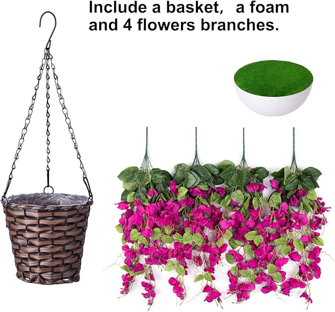 Artificial Fake Hanging Hibiscus Flowers Plants Baskets for Outdoor Decoration, Faux Silk Hibiscus Long Vines in Planter UV Resistant Realistic Flowers for Outside Porch Patio Home Decor(Purple 2)