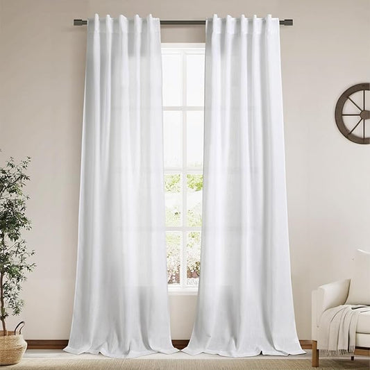 Linen White Curtains 96 Inches Long 2 Panels Set Back Tab Rod Pocket Semi Sheer Light Filtering Window Curtain Drapes Neutral Modern Aesthetic Long Curtains for Living Room Bedroom Decor 40x96