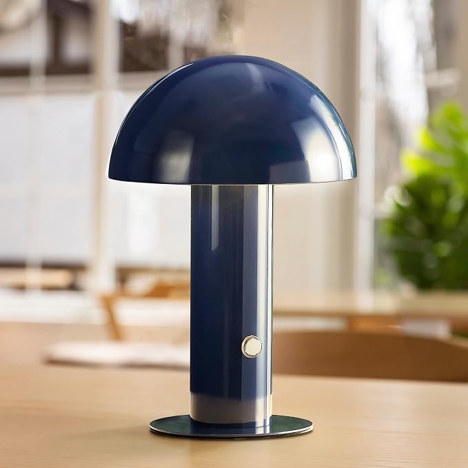 JONATHAN Y 10.75" Navy Rechargeable LED Mushroom Table Lamp, Cordless Portable Bedside Lamp for Living Room Bedroom, 3-Way Dimmable Modern Iron Desk Light, Metal Shade (JYL7115E)