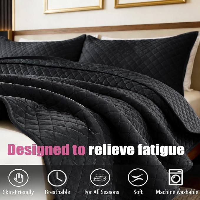 Velvet California King Quilt Size Set 106x118 Luxury Soft Bedspread Coverlet 3-Piece King Comforter Sets with 2 Pillow Shams 20x36 Super Cozy for All Seasons Velvet Bedding Set, Black