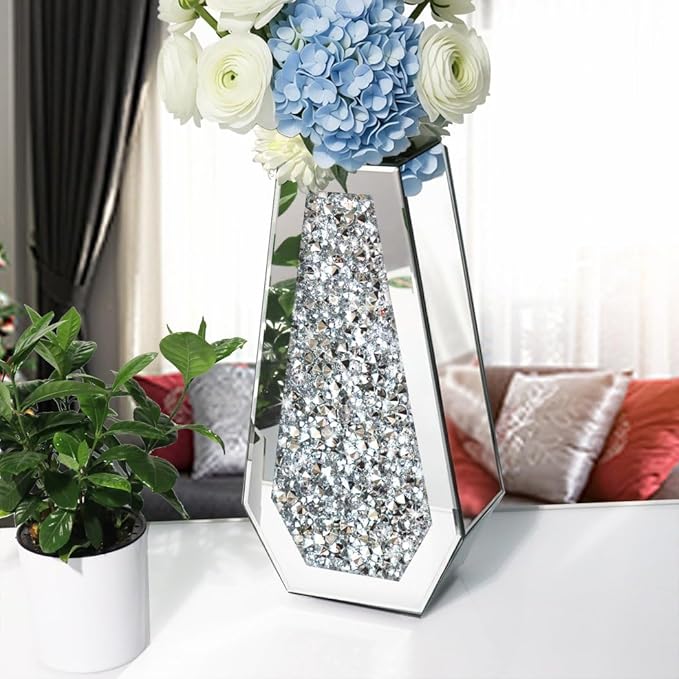 ALLARTONLY Flower Vase Crushed Diamond Mirrored Vase Crystal Silver Glass Decorative Mirror Vase Large Size Luxury For Home Decor. Diamond Shape Thickened. Can’t Hold Water.